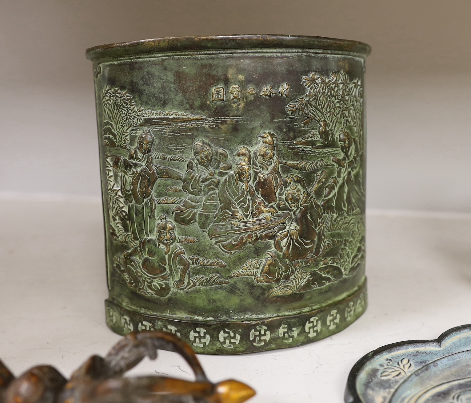 Two Chinese bronze vessels, a bronze censer, a vajra and a bronze mirror, tallest 16cm high